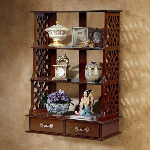 Design Toscano Chinese Chippendale 23.5 in. Walnut Hardwood Curio Display Cabinet