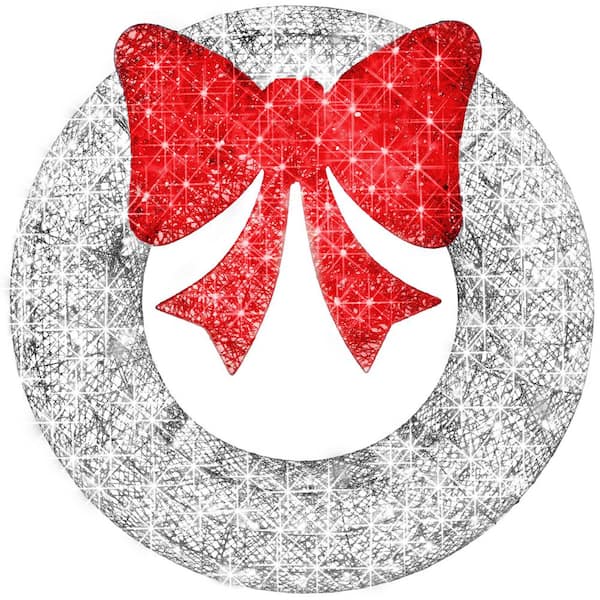 30 in. Pre-Lit LED Metal Outdoor Artificial Christmas Wreath with 100 Lights and Silver/Red Bow