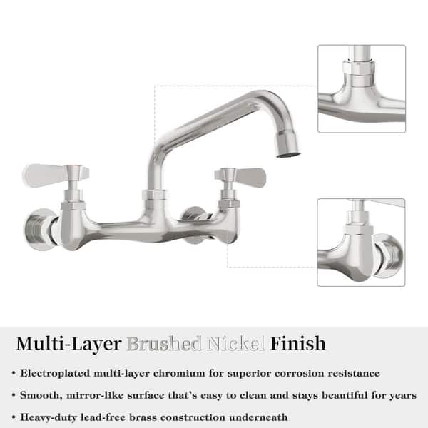 Double Handles Wall Mount Modern Standard Kitchen Faucet with 8 Inch Swivel Spout 8" Center in Brushed Nickel