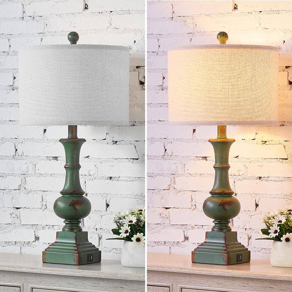 Distressed Dark Green 25.5'' Touch Table Lamps Set with Fabric Shades