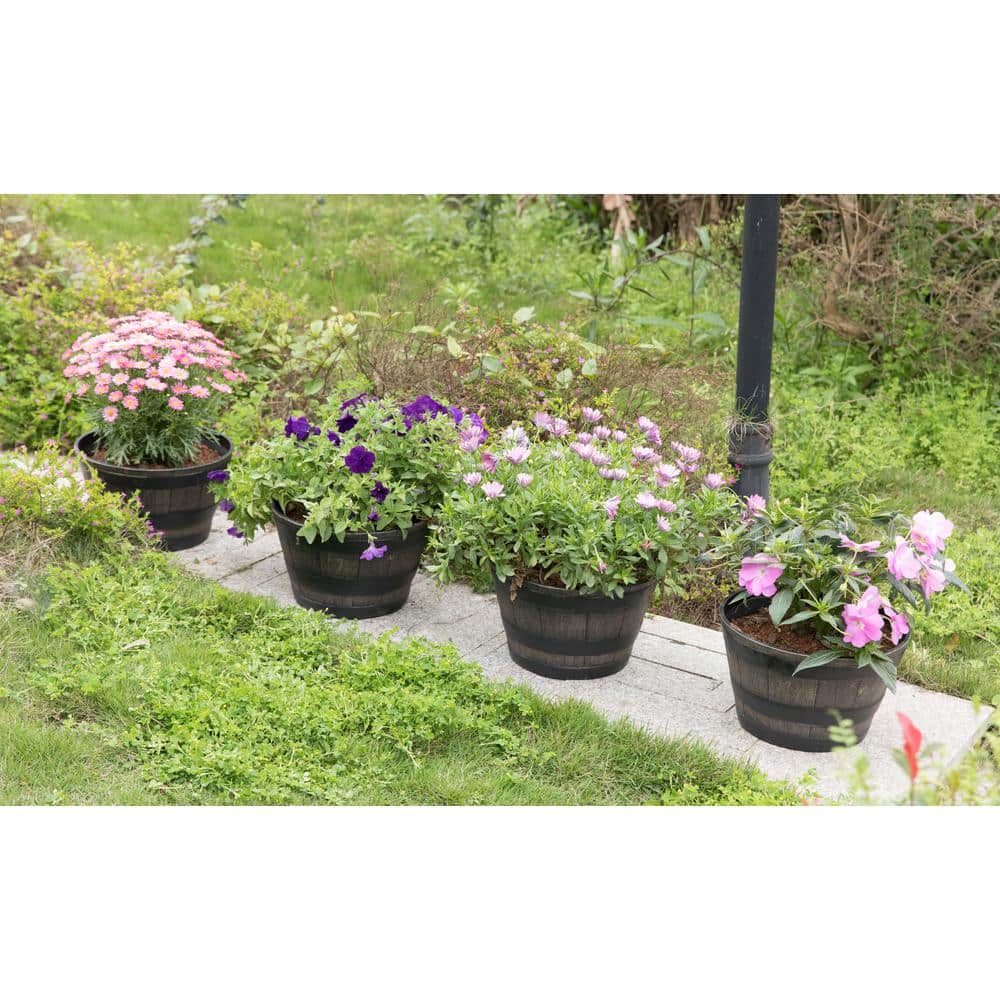 Gardenised Rustic Wood- Look Plastic Half Barrel Flower Pot Bucket Planter, Pack of 4