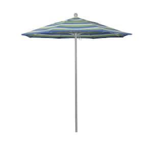 7.5 ft. Grey Woodgrain Aluminum Commercial Market Patio Umbrella Fiberglass Ribs Push Lift in Seville Seaside Sunbrella