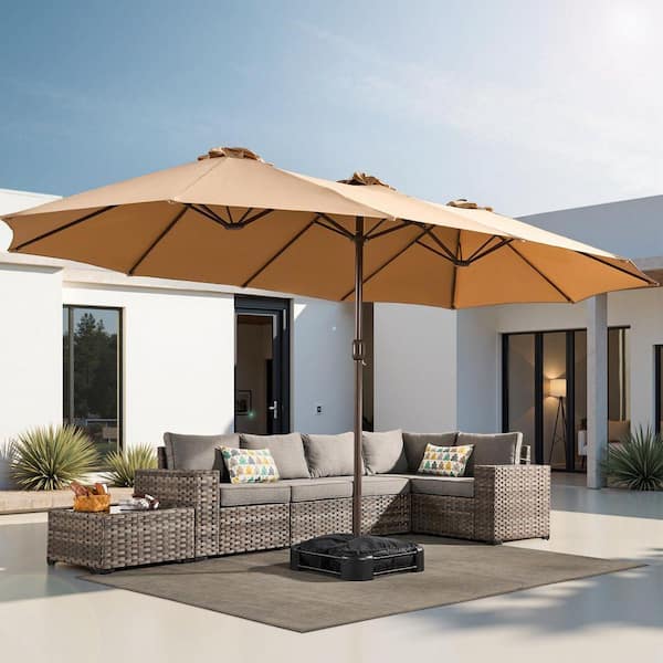 15 ft. x 9 ft. Rectangular Metal Double-Sided Market Patio Umbrella with Base and Crank in Khaki