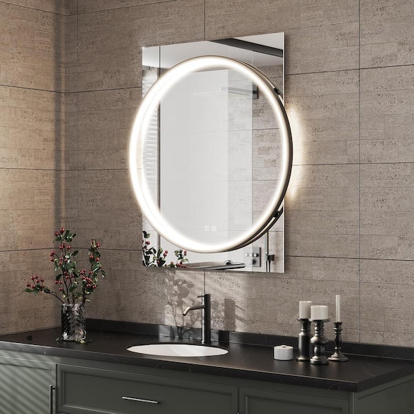HOMEIBRO 24 in. W x 32 in. H Framed LED Light with Dimmable and Anti-Fog Wall Mounted Bathroom Vanity Mirror in Black