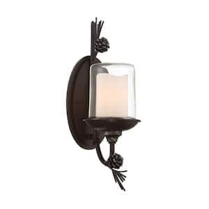 Ponderosa Ridge 1-Light Weathered Spruce and Silver Hardwired Outdoor Wall Lantern Sconce with Clear Glass Shade