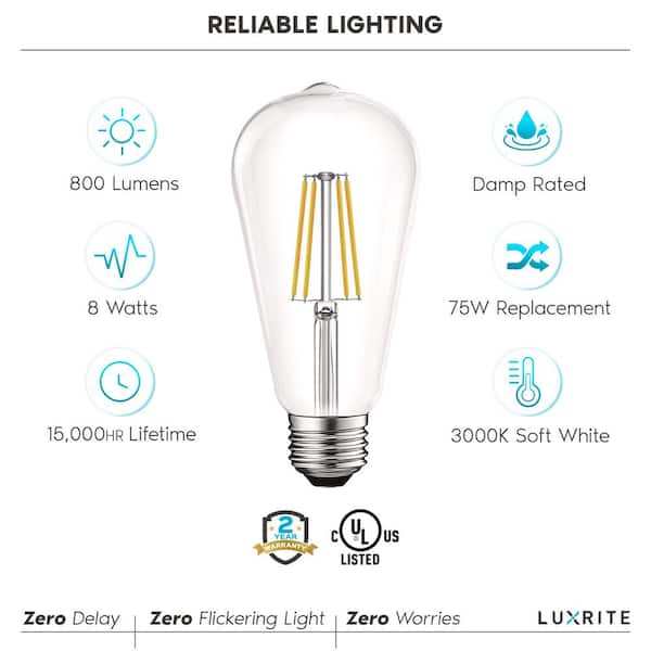 LUXRITE 60-Watt, 5-Watt Equivalent T10 Dimmable Edison LED Light Bulbs UL  Listed 3000K Soft White (6-Pack) LR21627-6PK - The Home Depot