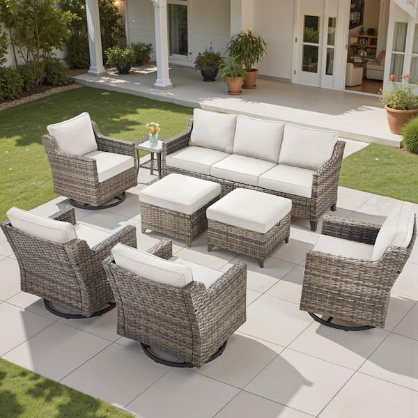 Hort Gray 8-Piece Wicker Patio Conversation Seating Sofa Couch Set with Beige Cushions and Swivel Rocking Glider Chairs