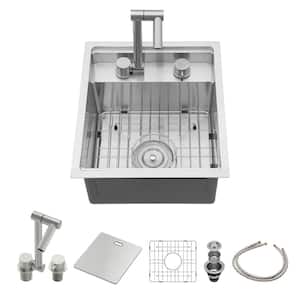 15 in.Topmount Single Bowl 16-Gauge Stainless Steel Undermount Kitchen Sink with Sink Cover and Folding Faucet