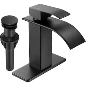 Waterfall 4.5 in. Lavatory Single Handle Bathroom Sink Faucet Washbasin with Deck and Pop-up Drain in Matte Black