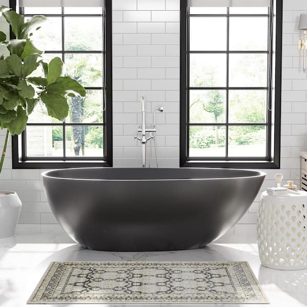 67 in. x 33 in. Solid Surface Stone Resin Freestanding Soaking Bathtub with Center Drain, Drainer, Hose in Matte Black