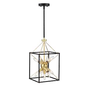 Maze 9-Light 10 in. Modern Rectangle Lantern Pendant Light with Matte Black and Gold Accents