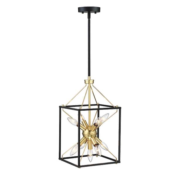 Hukoro Maze 9-Light 10 in. Modern Rectangle Lantern Pendant Light with Matte Black and Gold Accents