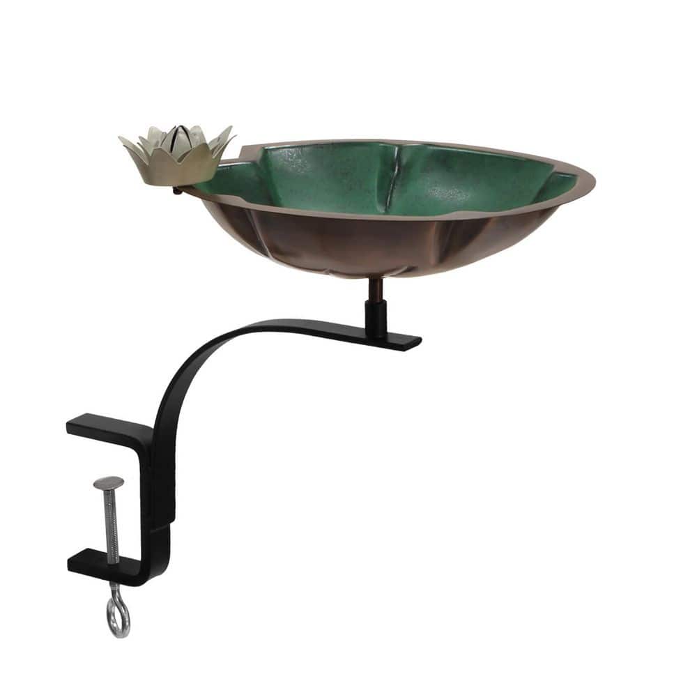 ACHLA DESIGNS Lilypad Birdbath w/White Flower and Rail Mount Bracket, 12 in. Wide, Antique Copper and Colored Patina Finish
