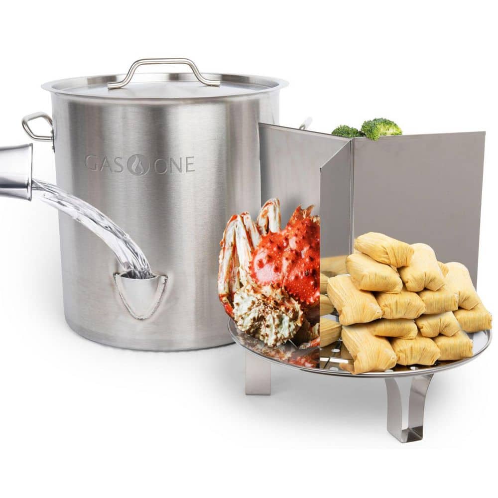 GasOne Stainless Steel Steamer – 40qt Steamer Pot for Cooking with Water Fill Spout  Rack  Divider – Steam Pot for Tamales and Crab Boil – Induction Ready