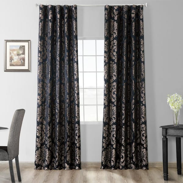 Exclusive Fabrics & Furnishings Astoria Black/Pewter Jacquard Faux Silk Rod Pocket Room Darkening Curtain - 50 in. W x 108 in. L Single Window Panel