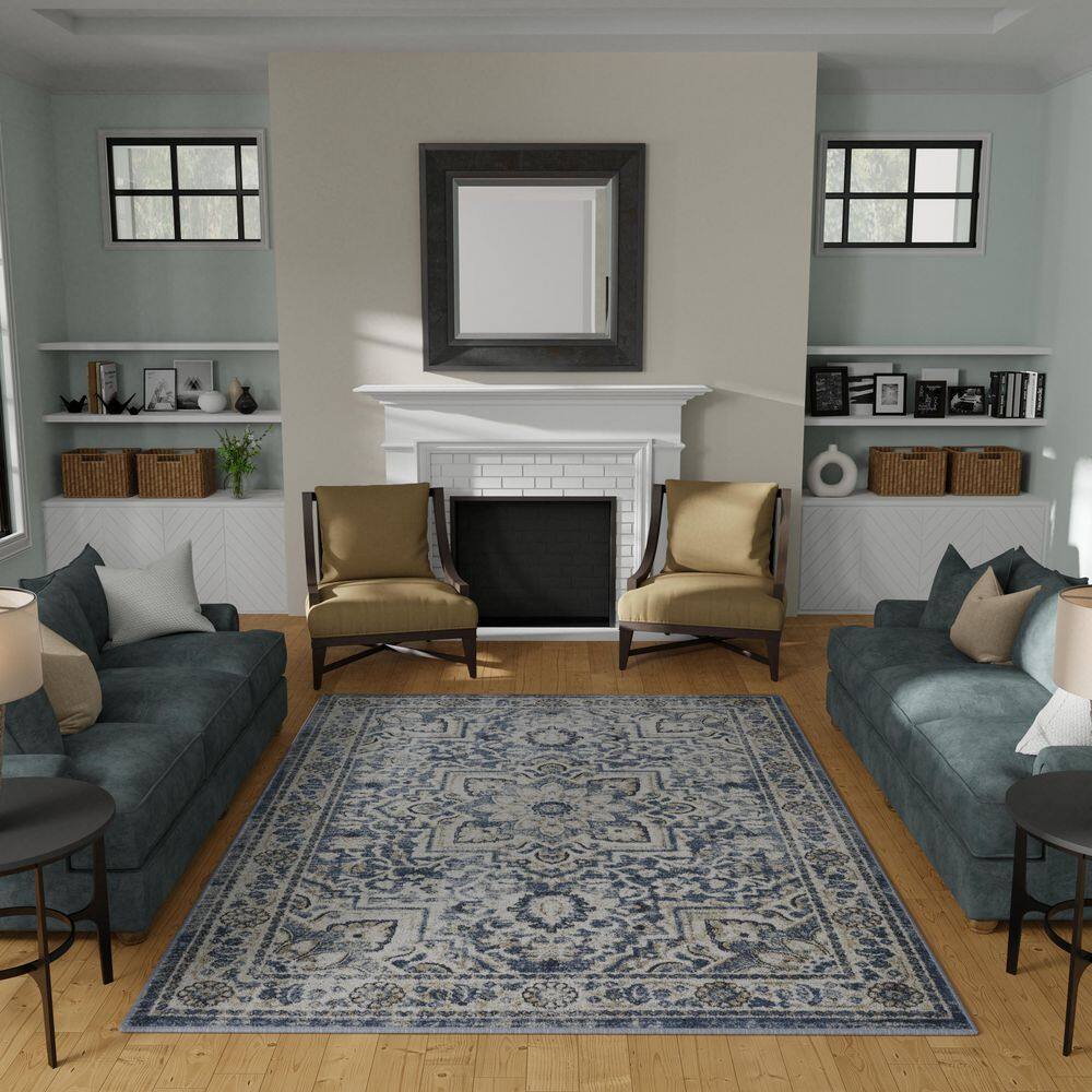 Elegant Blue Oriental-Inspired 8' x 10' Synthetic Area Rug