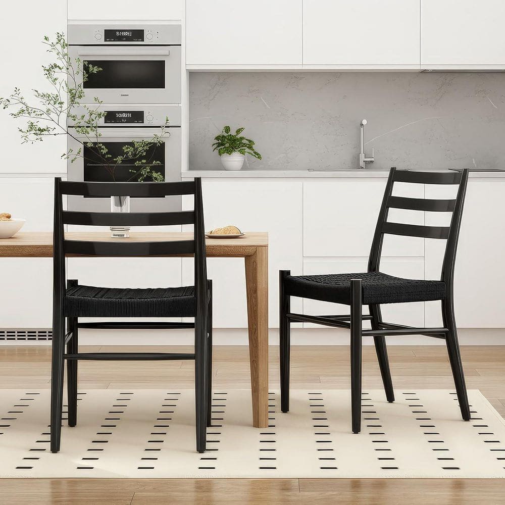 Clihome Black Woven Rope Seat Metal Frame Mid Century Modern