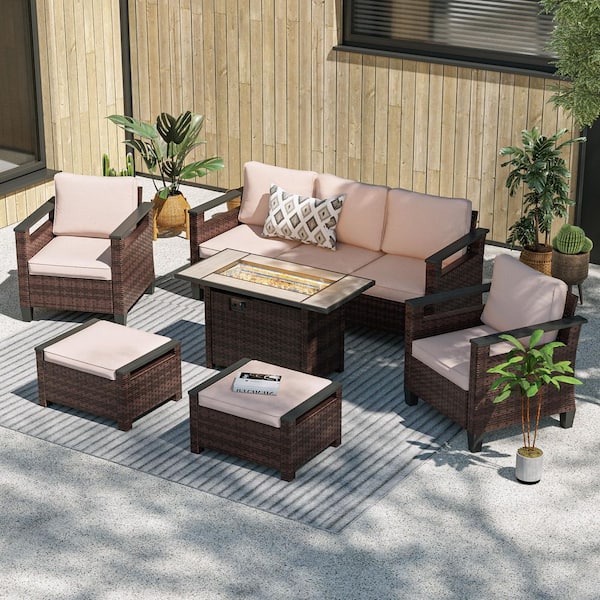 6-Pieces Patio Conversation with Rectangle Fire Table Set Wide Armrests High Back Sofa Brown Wicker Sand Cushion