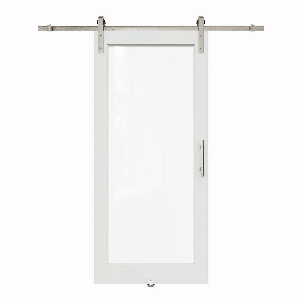 36 in. x 80 in. 1-Lite Tempered Clear Glass White Primed Composite MDF Sliding Barn Door with Hardware Kit Nickel Plated price history on PriceWatchPro