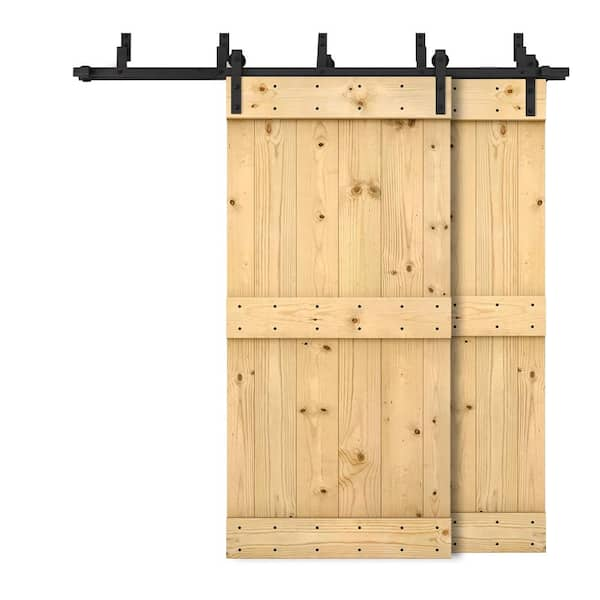 CALHOME 48 in. x 84 in. Mid-Bar Bypass Unfinished DIY Solid Wood Interior Double Sliding Barn Door with Hardware Kit