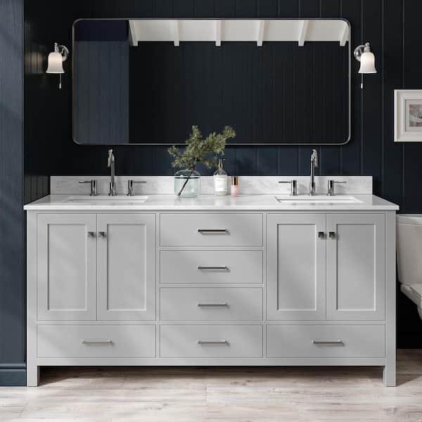 ARIEL Cambridge 73 in. W x 22 in. D x 35.25 in. H Bath Vanity in Grey with White Marble Vanity Top