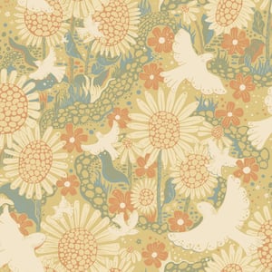 Yellow Drömma Coral Songbirds and Sunflowers Paper Non-Pasted Non-Woven Matte Wallpaper