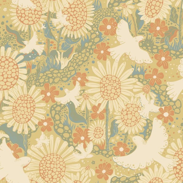 A-Street Prints Yellow Drömma Coral Songbirds and Sunflowers Wallpaper Sample