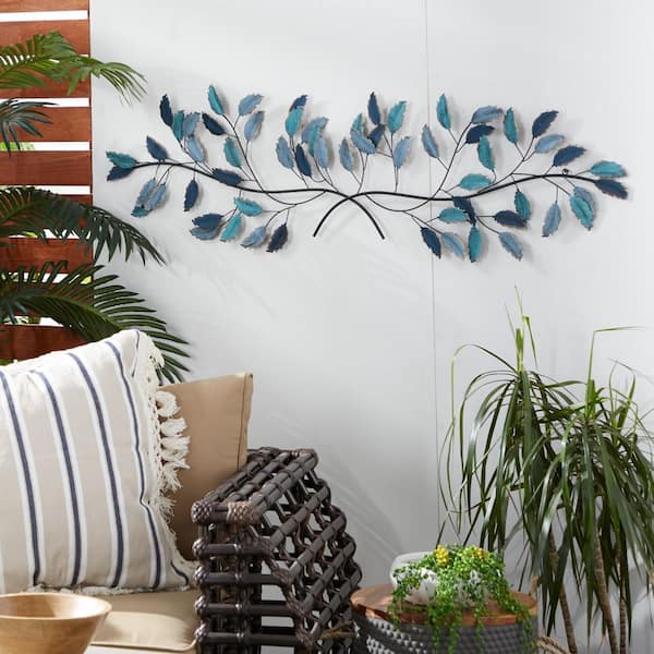 Litton Lane 15 in. x 52 in. Blue Metal Traditional Leaves Wall Decor