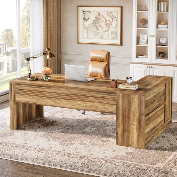 BYBLIGHT Capen 72.8 in. L-Shaped Brown Wood Executive Desk with Storage Shelves and Cabinet