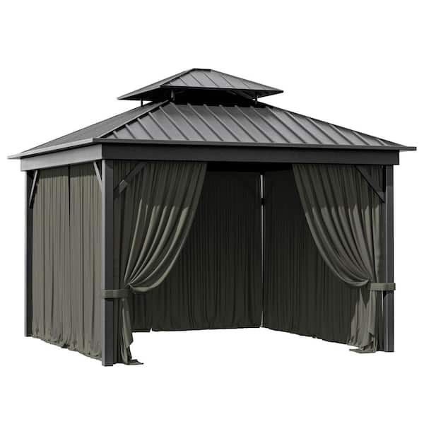 10 ft. x 10 ft. Universal Outdoor Privacy Curtains, Gazebo Curtain Replacement with Zipper Grey (4-Side Curtain Only)