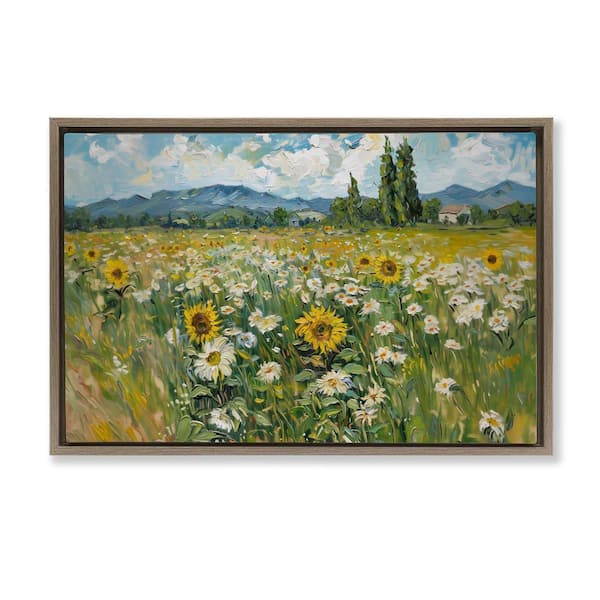 Stupell Industries Sunflower & Daisy Meadow by Arlington Prints Brown Floater Frame Nature Graphic Art Print 17 in. x 25 in.