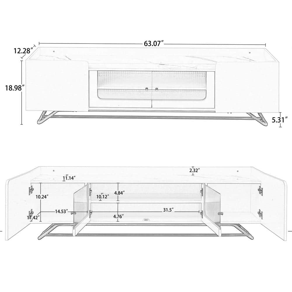 Gray Modern TV Stand with Fluted Glass, Faux Marble Top, and Gold Frame Base
