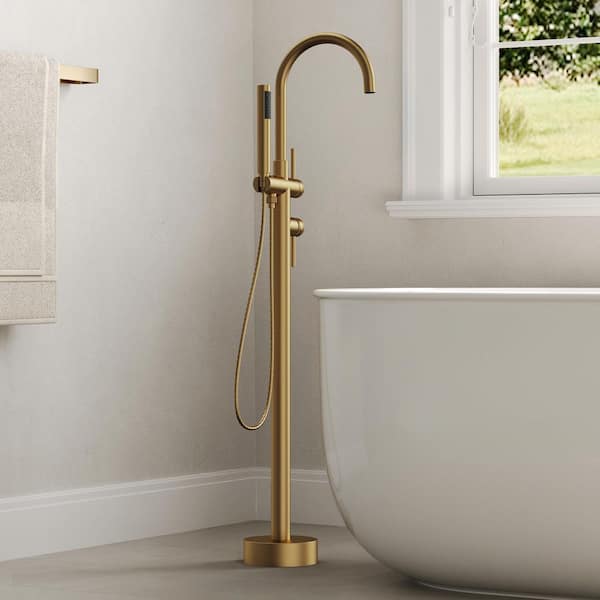 Single-Handle Freestanding Tub Faucet Claw Foot Tub Faucet Floor Mounted with Handheld Hand Shower in Brushed Gold