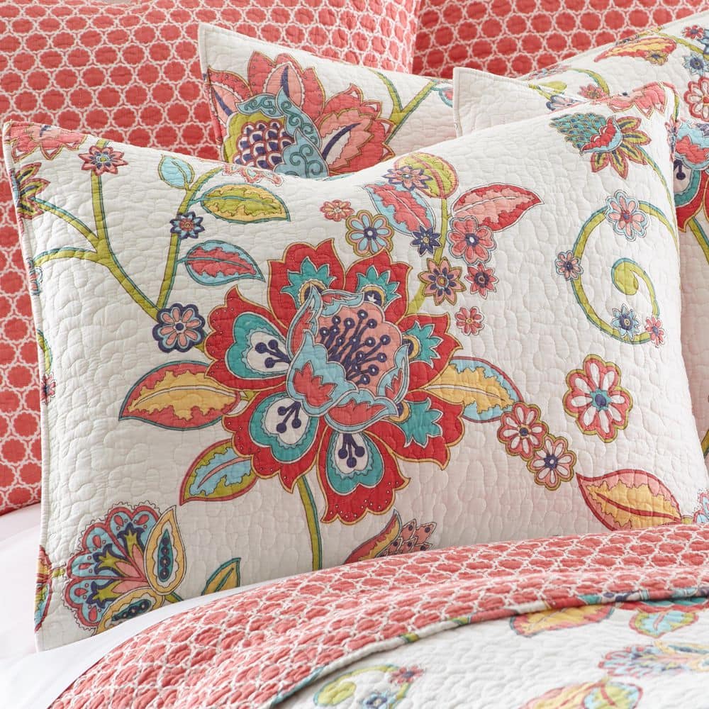 Reversible Full Cotton Quilt Set in White with Floral Design