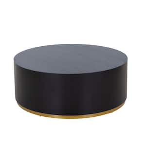 35.1 in. Black Round Wood Coffee Table with Gold Rim Bottom