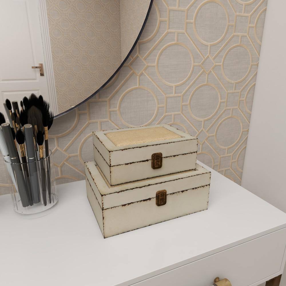 White and Burlap Rectangular Wood Lidded Box Set