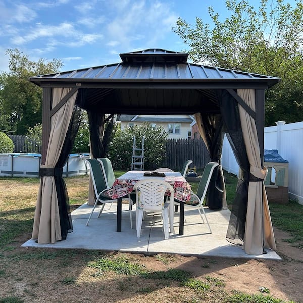 10 ft. x 10 ft. Bronze Aluminum Outdoor Hardtop Gazebo Metal Frame Galvanized Double Roof with Curtains and Nettings