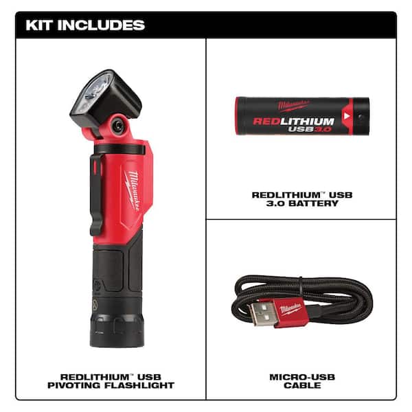 500 Lumens LED Pivoting REDLITHIUM USB Flashlight with Extra USB 3.0 Ah Battery