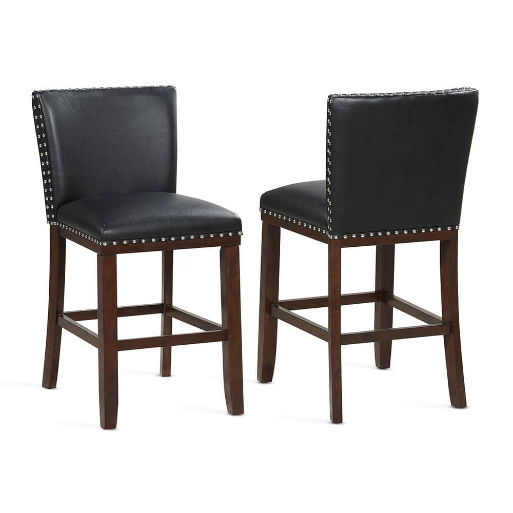 Tiffany Black Leather and Wood Counter Stools, Set of 2