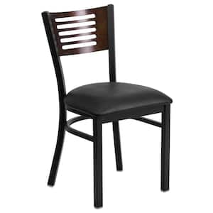 Hercules Series Black Decorative Slat Back Metal Restaurant Chair with Walnut Wood Back, Black Vinyl Seat