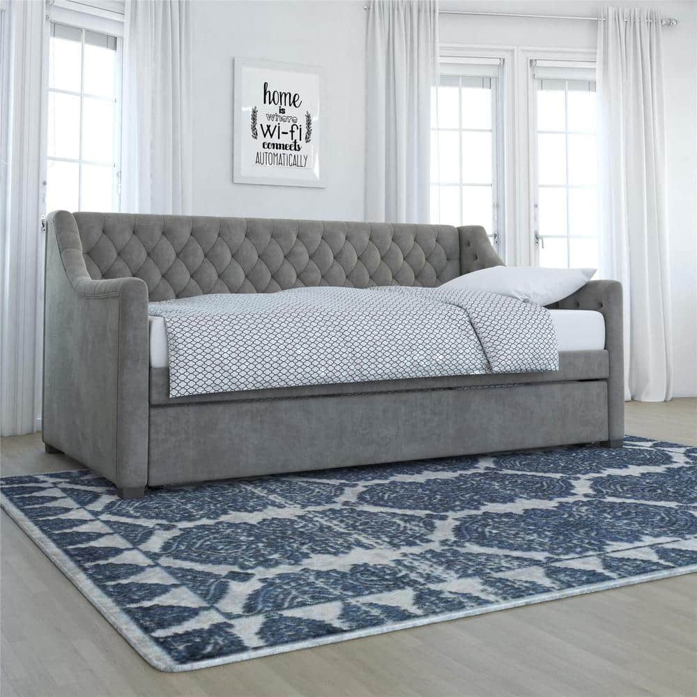 Light Gray Velvet Twin Daybed with Trundle and Tufted Upholstery