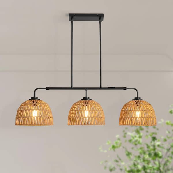 60-Watt 3-Light Vintage Black Rattan Pendant Light with 3000K Warm Light Cage Woven Shaded Chandelier for Kitchen Island