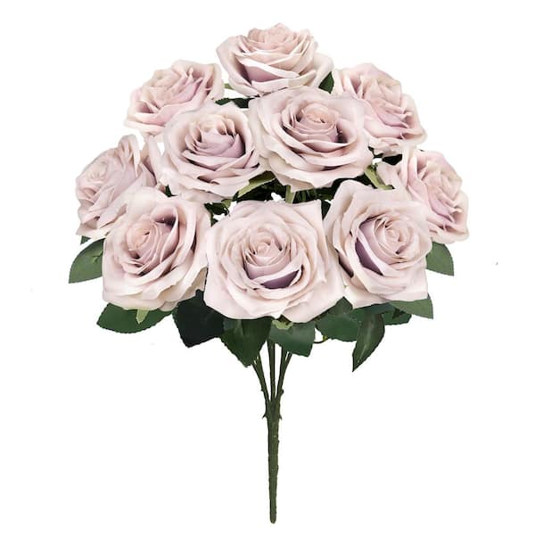 LIVING LUXURY 18 in. Deluxe Beige Lavender Artificial Queen Rose Flower Stem Bush Bouquet (Set of 2)