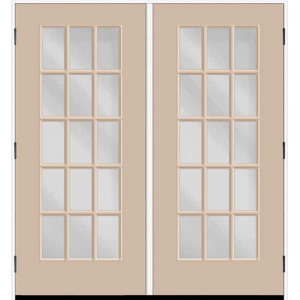 Reliant 64 in. x 80 in. Full Lite 15L Clear Glass LHOS Sandstone Finish Fiberglass Double Prehung Front Door 4 in. Jamb