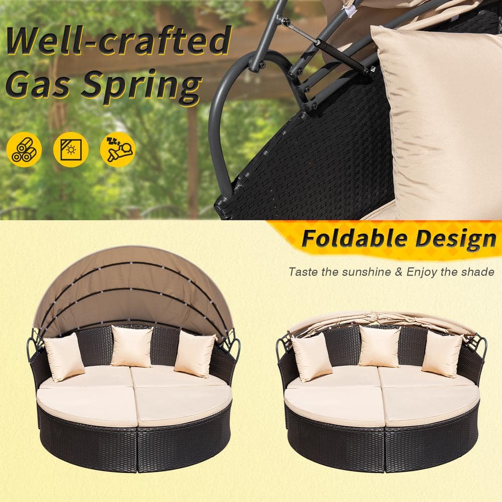 Beige Cushioned Black Steel Outdoor Round Daybed with Retractable Canopy