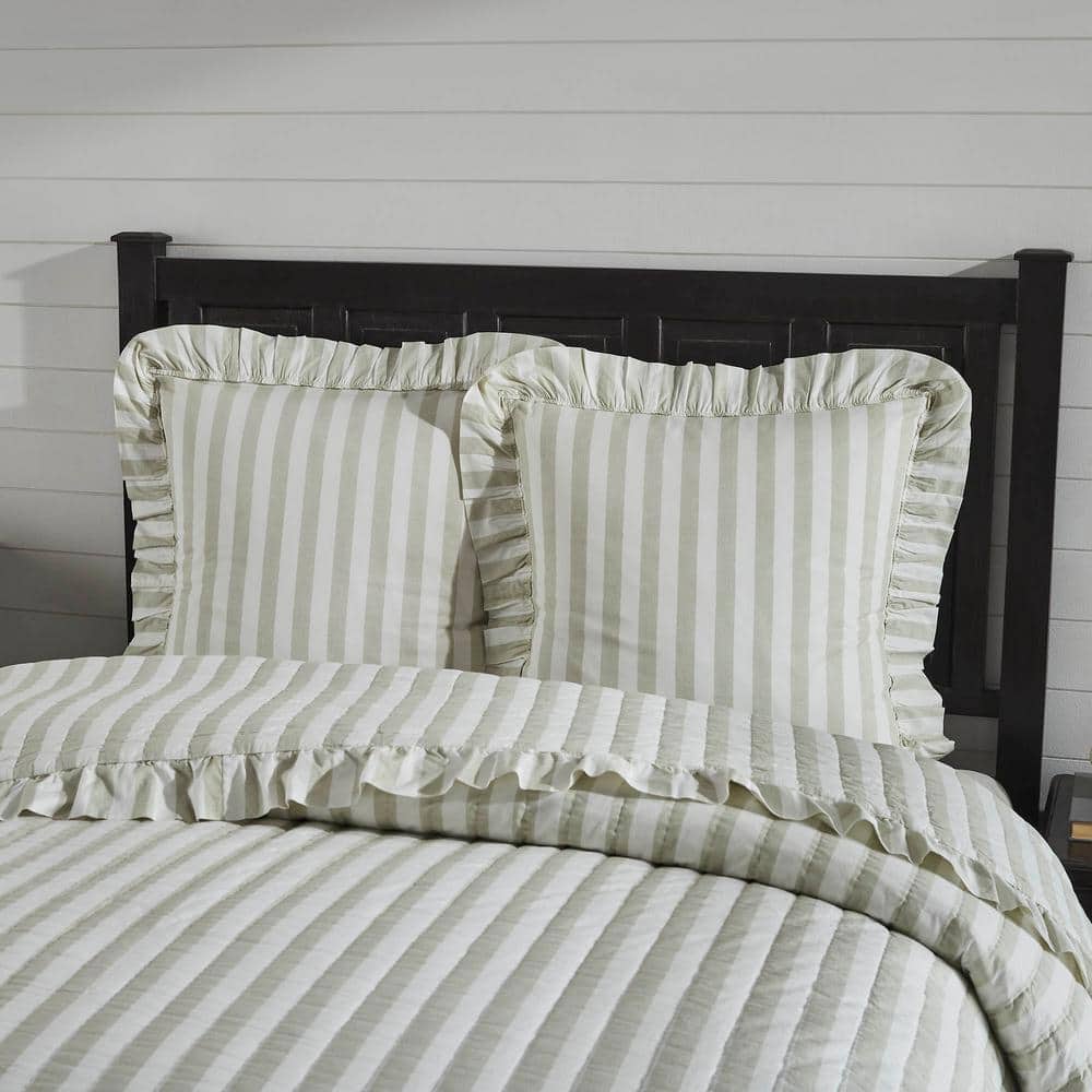 Tan and White Striped Cotton Euro Sham with Ruffles