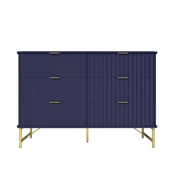 Clihome Modern Blue 6-Drawer Accent Storage Cabinets 31.5 in. H Chest with Arched Grooved Panels and Crossbar Metal Legs