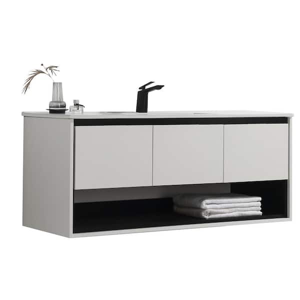 JimsMaison Eimi 48 in. W x 18 in. D x 20 in. H Bathroom Vanity Side Cabinet in White with White Ceramic Top