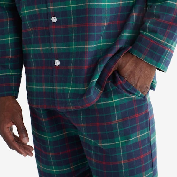 SLEEPHERO Men's Short Sleeve Flannel Pajama Set Navy with Green and Navy  Plaid Small