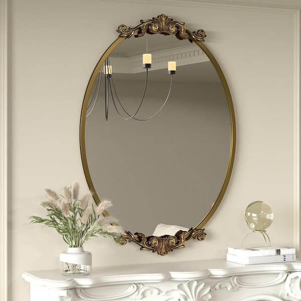 Apmir 28 in. W x 40 in. H Oval Aluminum Alloy Framed French Cleat Mounted Baroque Wall Decor Bathroom Vanity Mirror in Gold